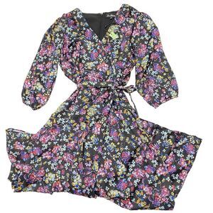 New SAM EDELMAN Black Mixed Floral Tiered Ruffle Wrap Maxi Dress Women's Sz 10